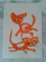 2 lustige orange Katzen Original Zeichnung auf Papier Unikat
