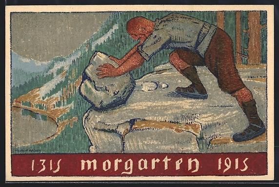 Cartoline postali: Morgarten, 1315-1915, Mann rollt Gestein – Usato da Berlin venduto da bartko-reher