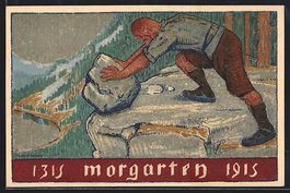 Morgarten, 1315-1915, Mann rollt Gestein