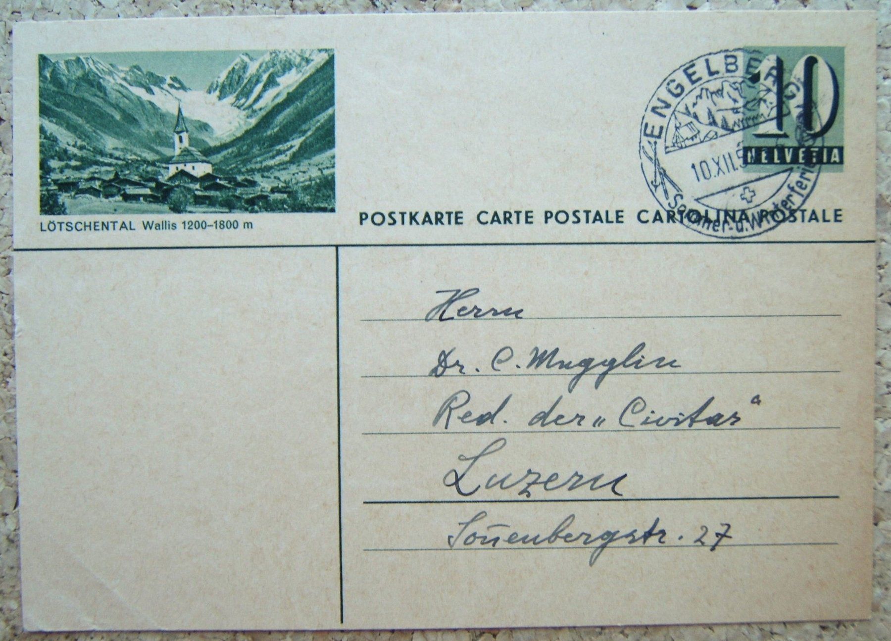 Tutti i francobolli: BILDPOSTKARTE LÖTSCHENTAL 1951 – Usato da Brunnen venduto da Nonne04