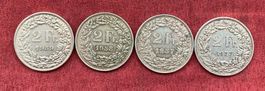 4 Schweizer 2 Franken Silbermünzen 1955 bis 1959