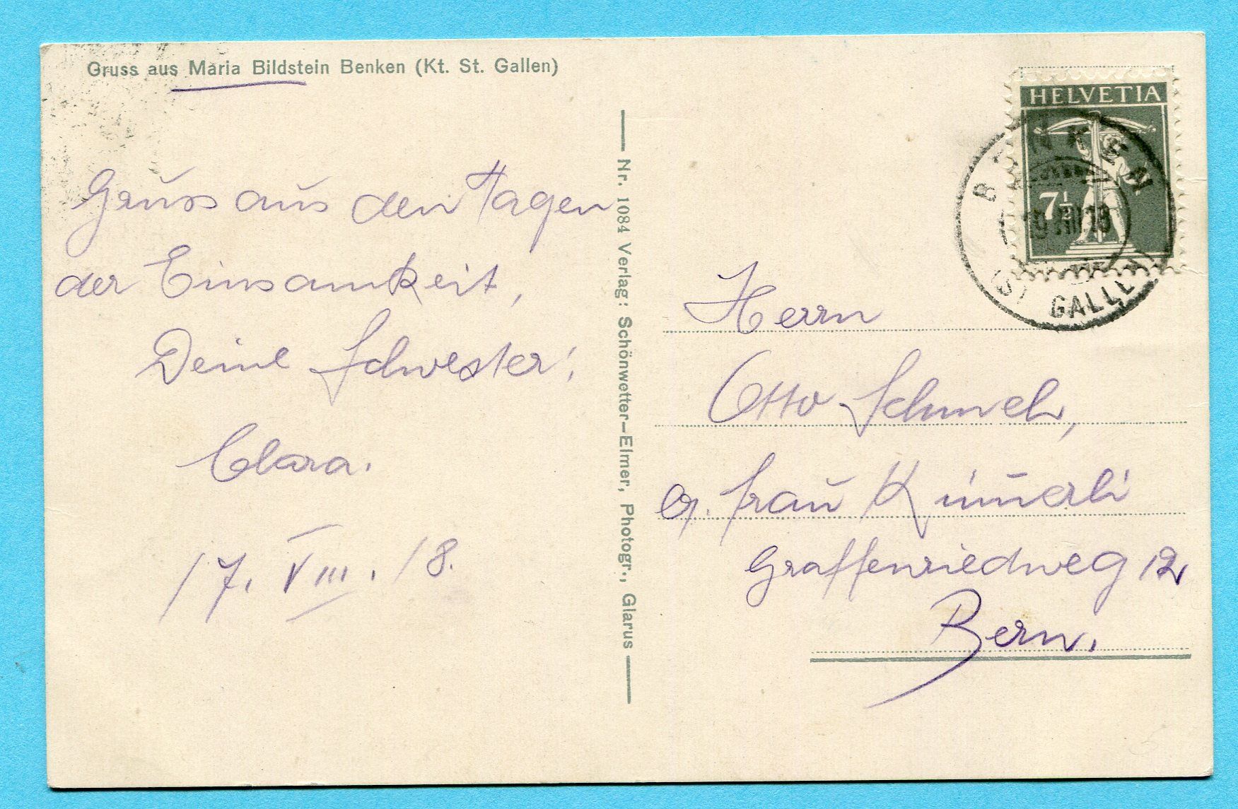 Ansichtskarten: Gruss aus Maria Bildstein, Benken 1918 – Gebraucht aus Opfikon von Prophila 1