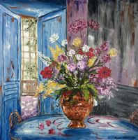 Gemälde Blumenstrauss im Vase auf Tisch signiert 80x80cm