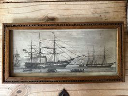 Alte Zeichnung von Grossseglern am Hafen, gerahmtes Bild