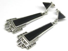 Vintage Ohrringe Art Deco Stil / Silber 925 Onyx Markasiten