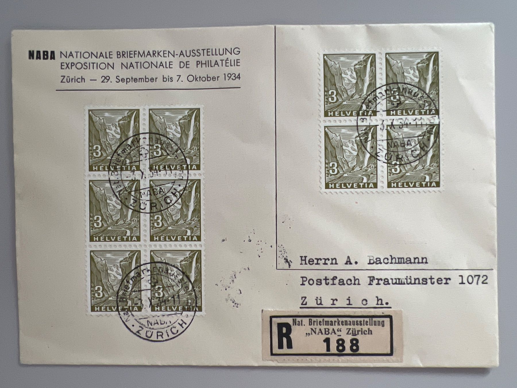 Alle Briefmarken: 1934 NABA Einges. Brief Frankatur 10xNr.194 – Neu (gemäss Beschreibung) aus Buchrain von wmm