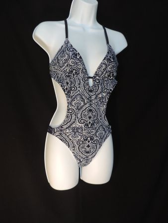 maillot de bain échancré 1 pièce bleu blanc rose