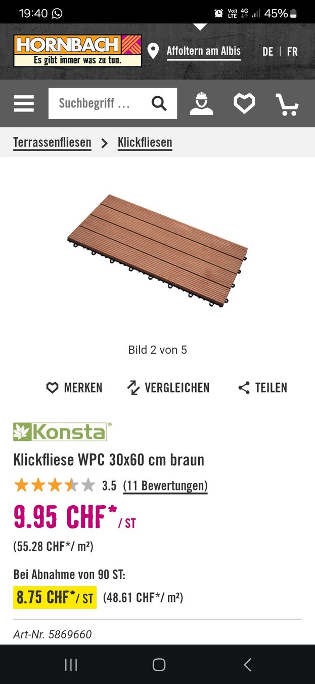 Rivestimenti per pavimenti: Klickfliesen WPC 30x60cm, Holzoptik – Usato da baar venduto da Baarfux 2