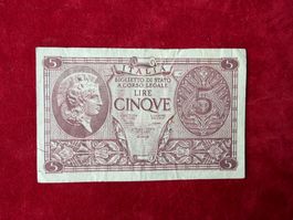 ITALIA - CINQUE LIRE 23 Novembre 1944 - MB / Sehr Schön