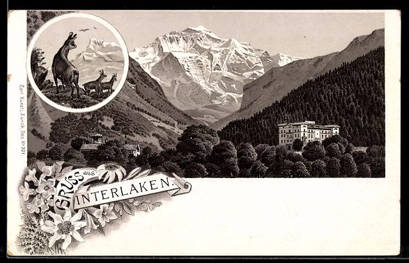 Ansichtskarten: Litho Interlaken, Bergpanorama mit Hotel – Gebraucht aus Berlin von bartko-reher
