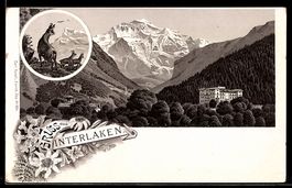 Litho Interlaken, Bergpanorama mit Hotel