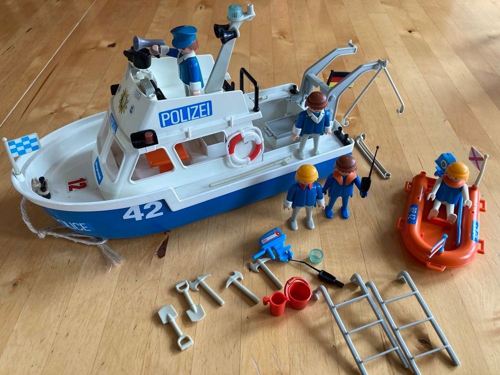 PLAYMOBIL VINTAGE LOT policiers bateau zodiac orange rames set 3539 de