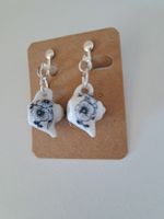 Super süsse Porzellan Ohrclips blau weiss Blume neu Retro