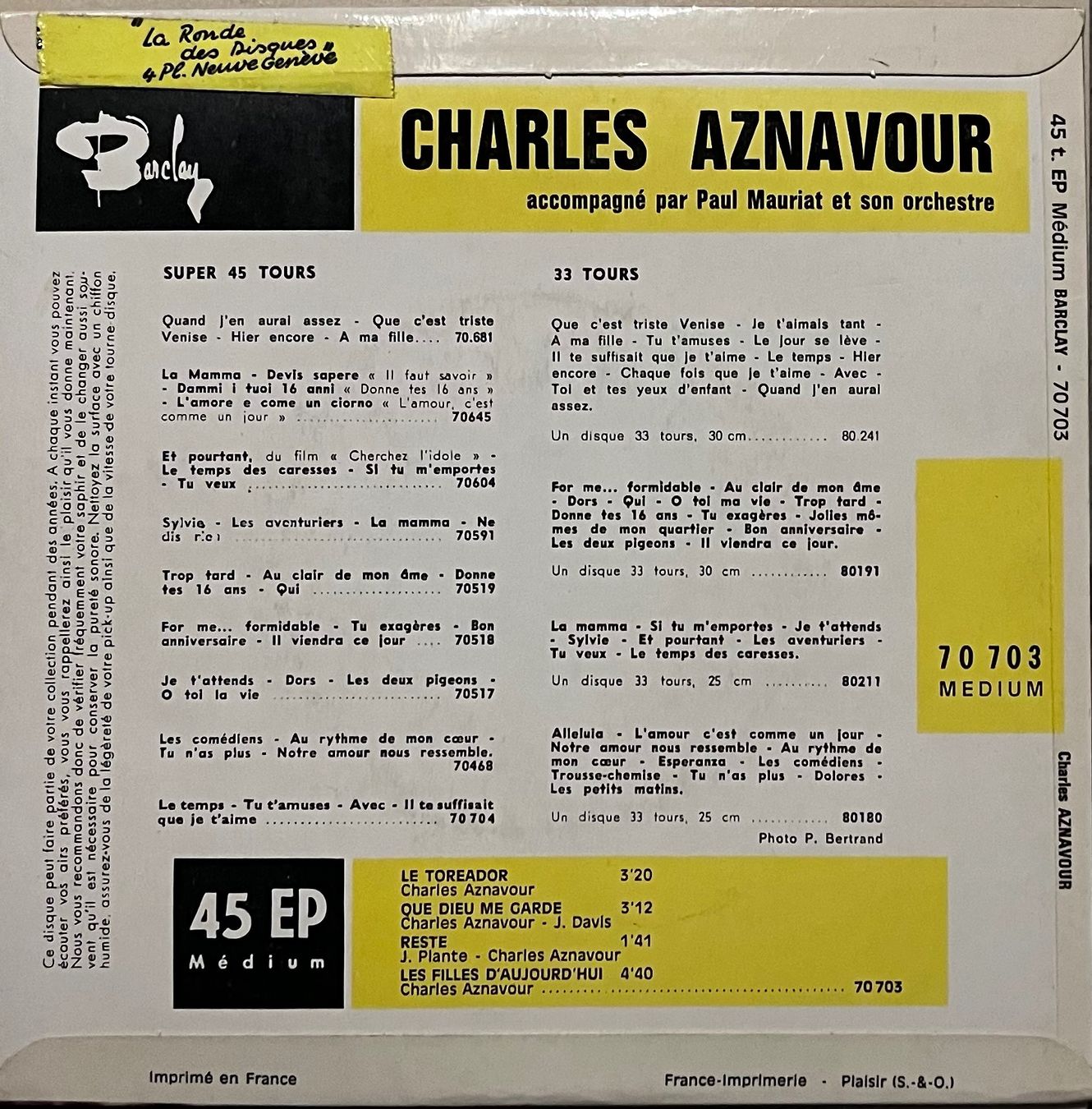 Vinyles: CHARLES AZNAVOUR - LE TORÉADOR – D'occasion à Bussigny par vinyl-pas-cher 1