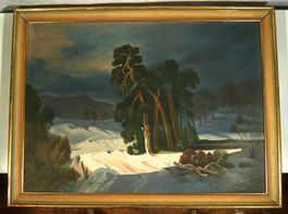 E. Pavlicek Landschaft mit Bäumen gemalt auf Pavatex