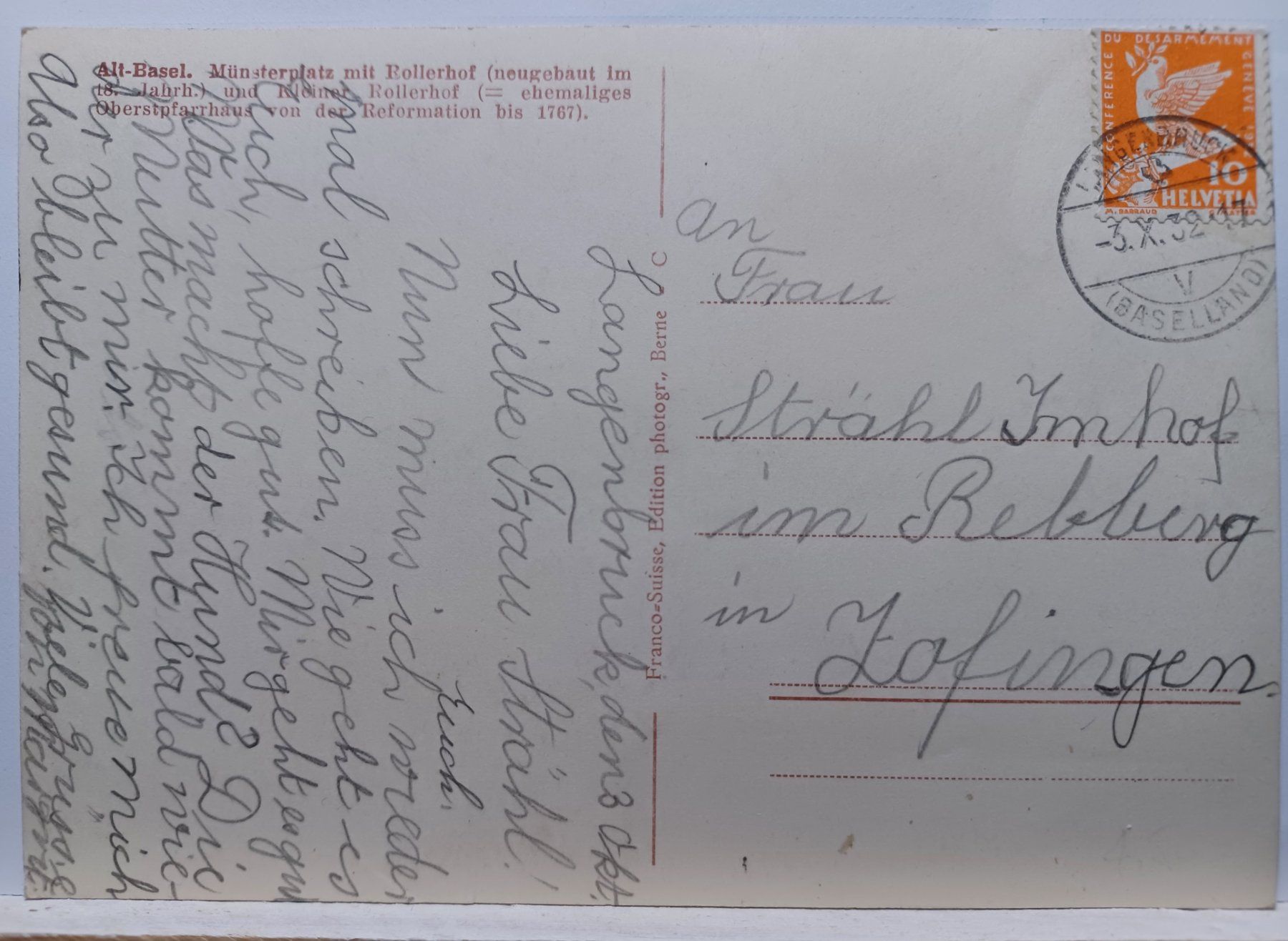 Cartoline postali: Alt-Basel. Münsterplatz mit Rollerhof, 1932 – Usato da Aarau Rohr venduto da mgvw 1
