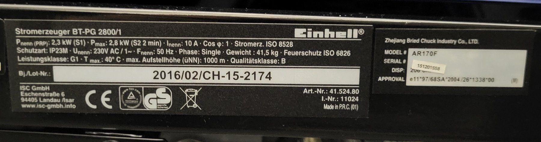 Einhell Stromgeneratoren: Einhell Stromerzeuger BT-PG 2800/1 (ungebraucht) – Neu (gemäss Beschreibung) aus Péry von  7