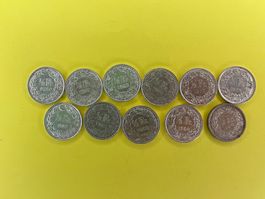11 Stk. 50-Rp. Silbermünzen, Jahrgänge 1950-1966  A1