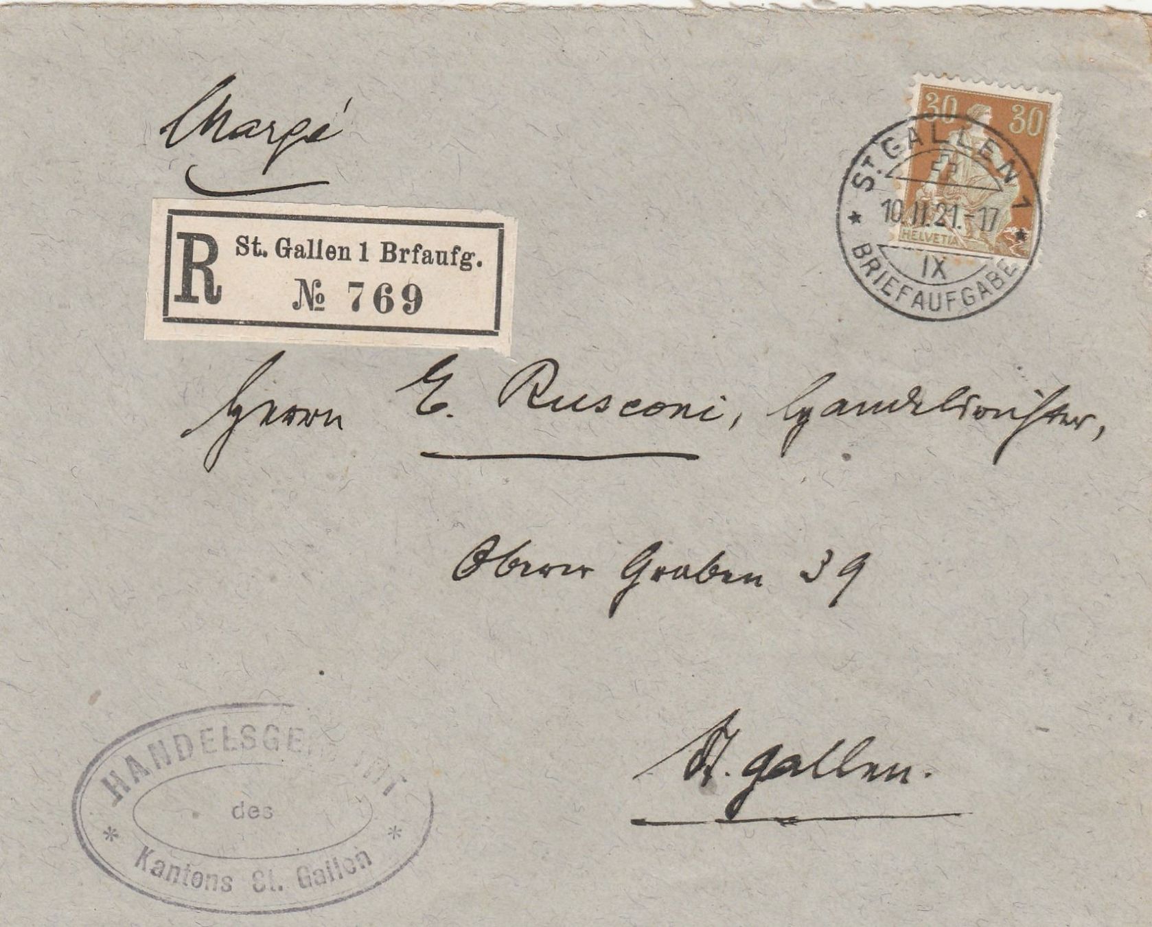 Alle Briefmarken: St.Gallen- Einschreibebrief- 1921 – Gebraucht aus uttwil von Koehlerfred