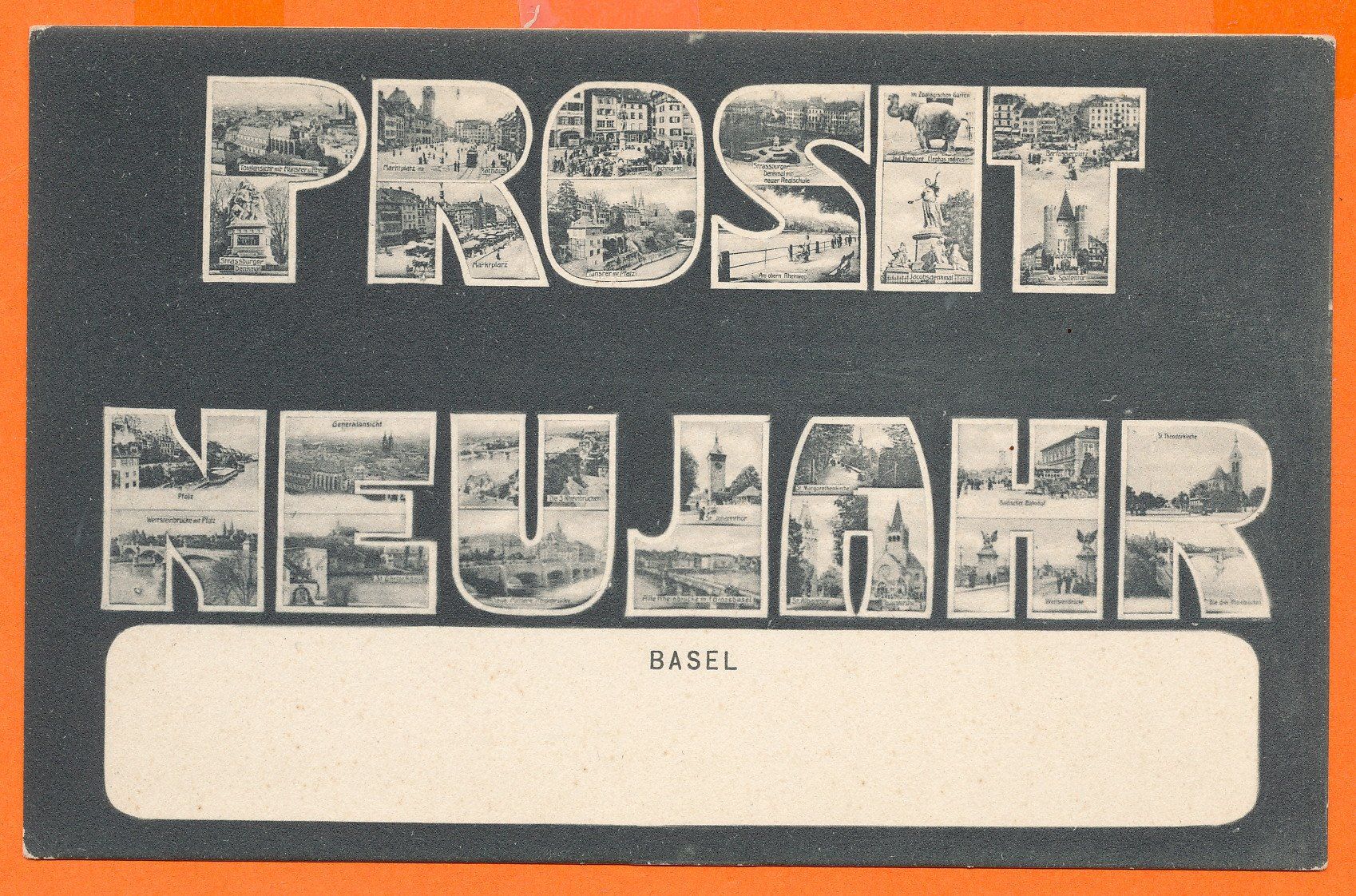 Cartoline postali: BASEL - Prosit Neujahr - 13 bildrig ca. von 1900/10 – Usato da Liestal venduto da flohmy