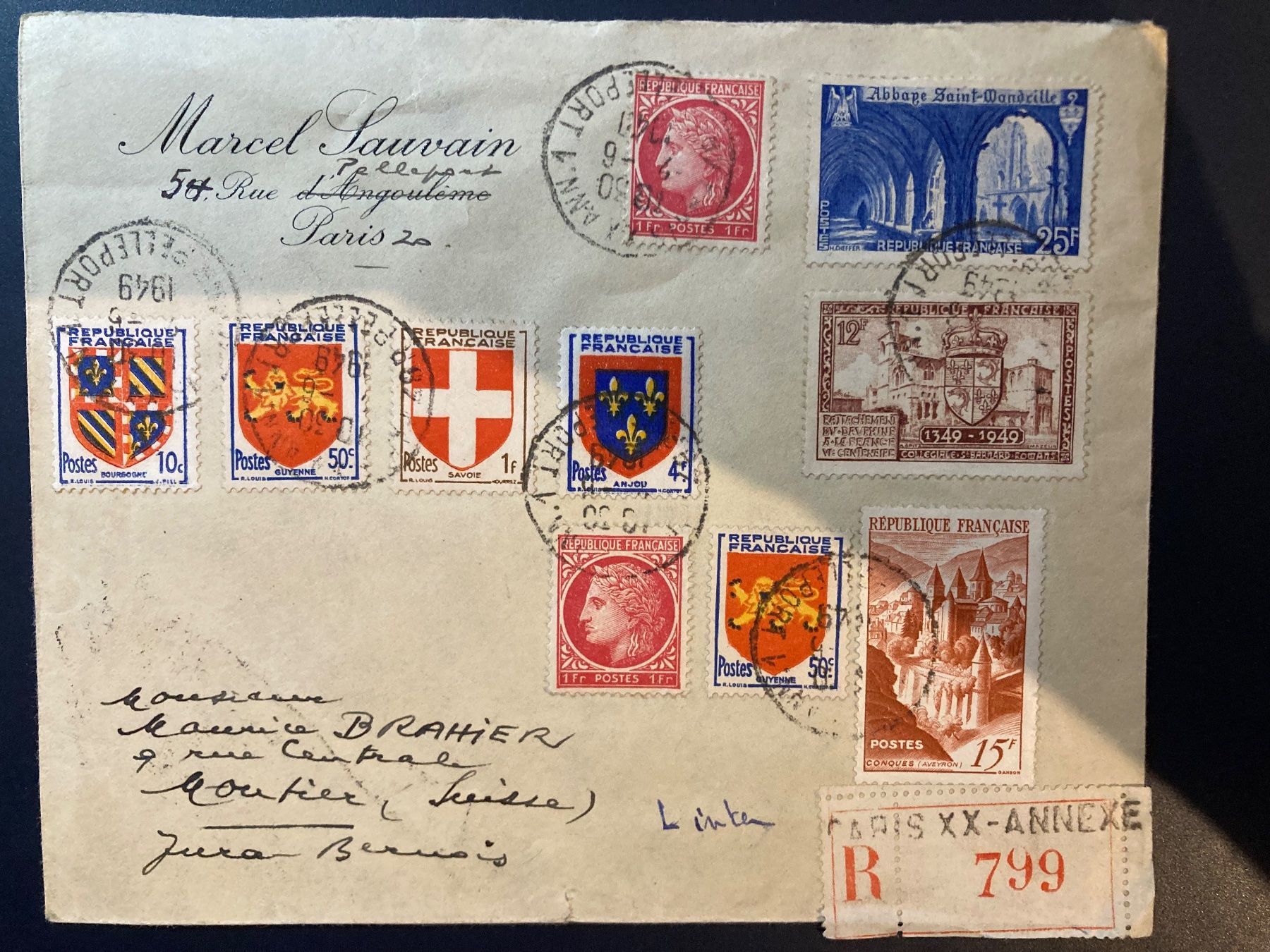 Alle Briefmarken: Recommandé M. Sauvain Paris - 1949 - Moutier – Gebraucht aus Orvin von Pyaeschli