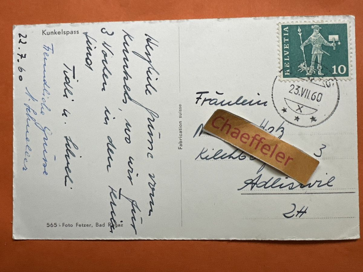 Cartoline postali: 1960 Kunkelspass – Usato da Zürich venduto da Chaeffeler 1