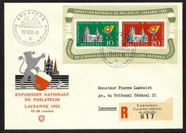 1955, W35, Block Lausanne auf illustr. R-Brief (14355)