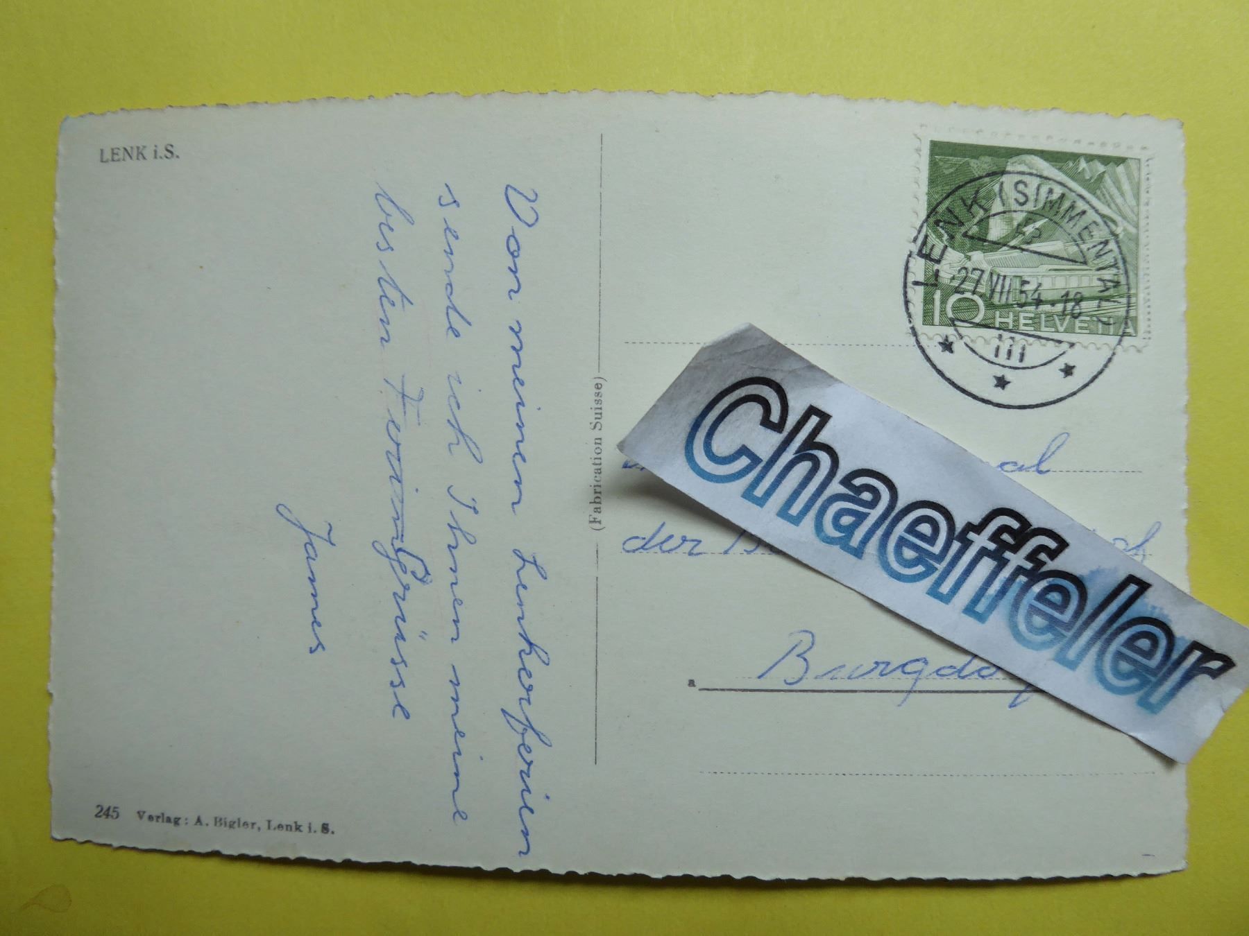 Cartoline postali: 1954  Lenk i.S. – Usato da Zürich venduto da Chaeffeler 1