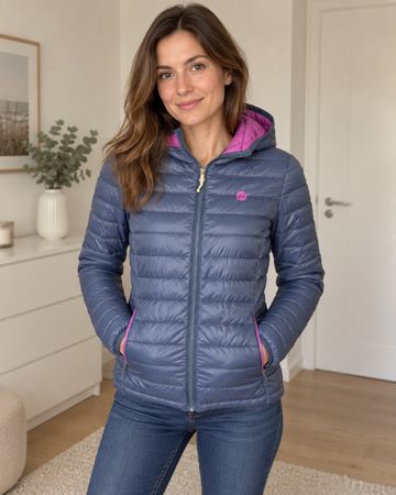 Leichte Steppjacke mit Kapuze – Grösse 36 – Blau/Pink