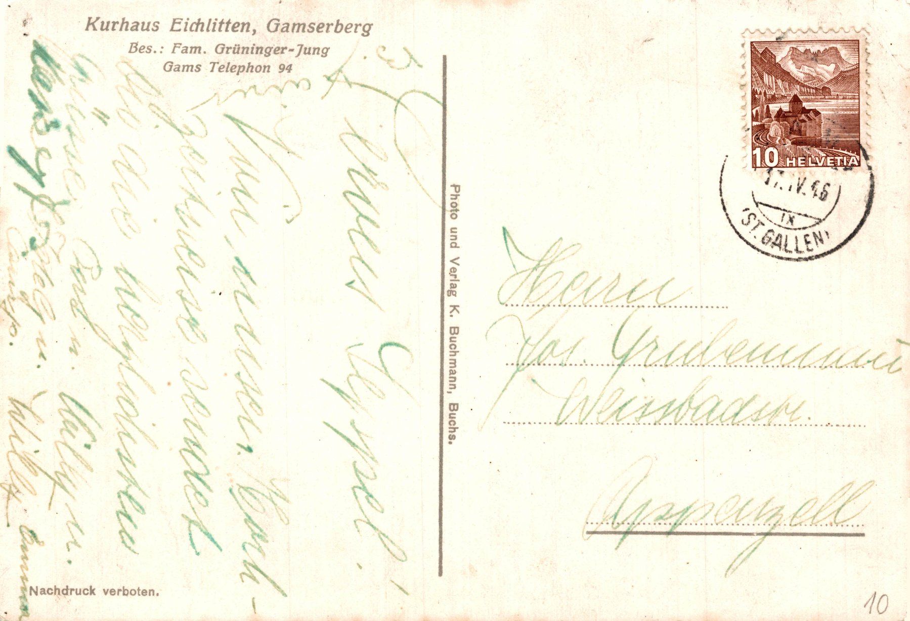 Cartoline postali: Kurhaus Eichlitten, Gamserberg – Usato da Bronschhofen venduto da Astore 1