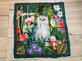 Vintage Seiden Tuch, Schal, Katze, Blume Motiv