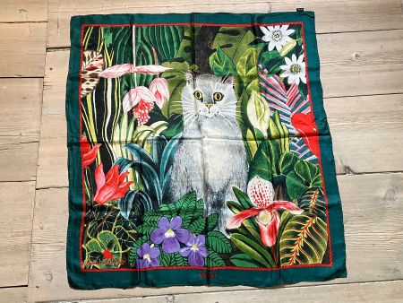 Vintage Seiden Tuch, Schal, Katze, Blume Motiv
