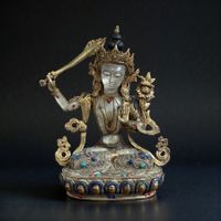 Manjushri Buddha Nepal feuervergoldete Bronze Bergkristall