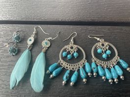 3 Türkise Ohrringe Set mit Federn und Steinen, neuwertig!