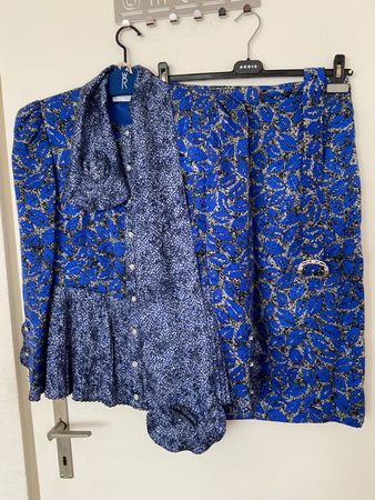 OSCAR ROM Haute Couture 100% Seide Bluse + Rock Gr 36 blau