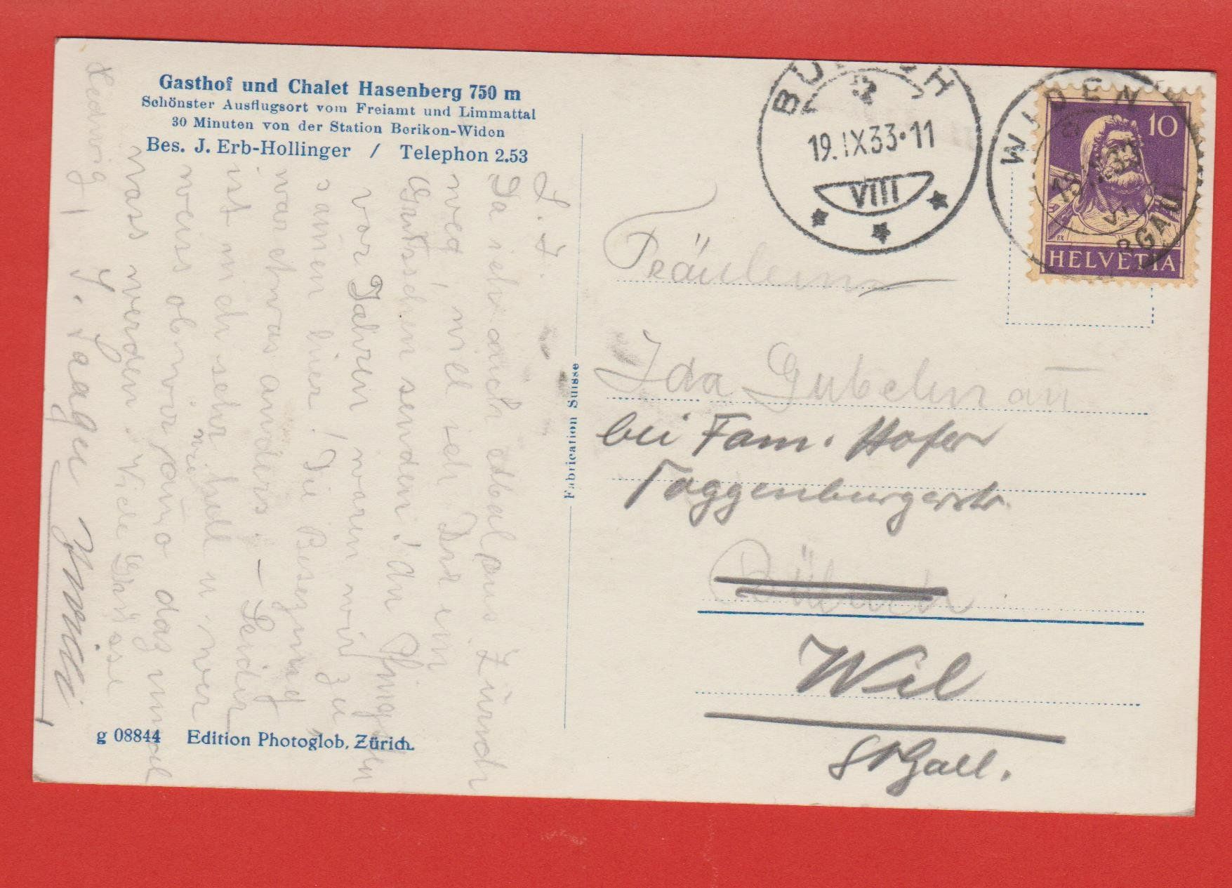 Ansichtskarten: Hasenberg Berikon - Widen   -   alte Ansichtskarte von 1933 – Gebraucht aus Vitznau von Ropaku 1