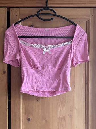 Crop top rose à manches courtes et dentelle - Taille 34 / XS