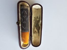 Zigarettenspitze Silber mit Bernstein in Etui antik
