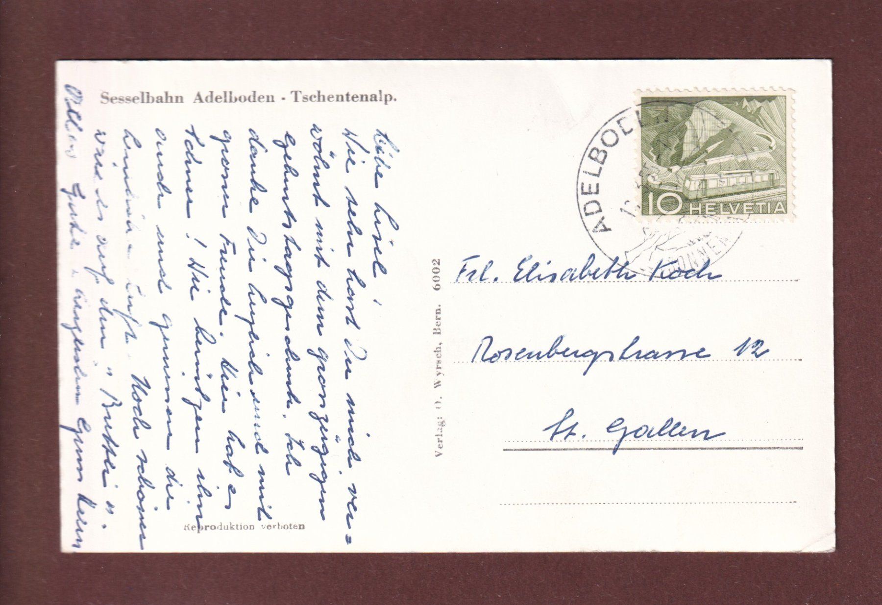 Cartoline postali: Sesselbahn ADELBODEN-TSCHENTENALP - 1955 – Usato da Pully venduto da nicecards 1