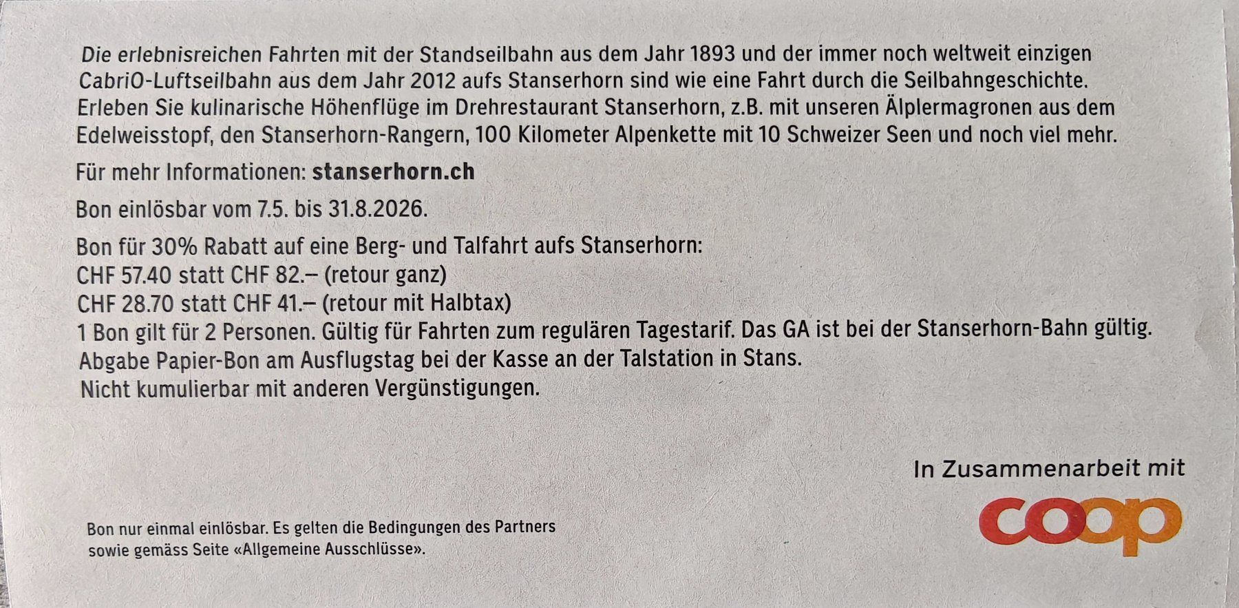 Buoni: Gutschein 30% Cabrio Stanserhorn Bahn Stans – Usato da Schmiedrued venduto da elvis_88 1