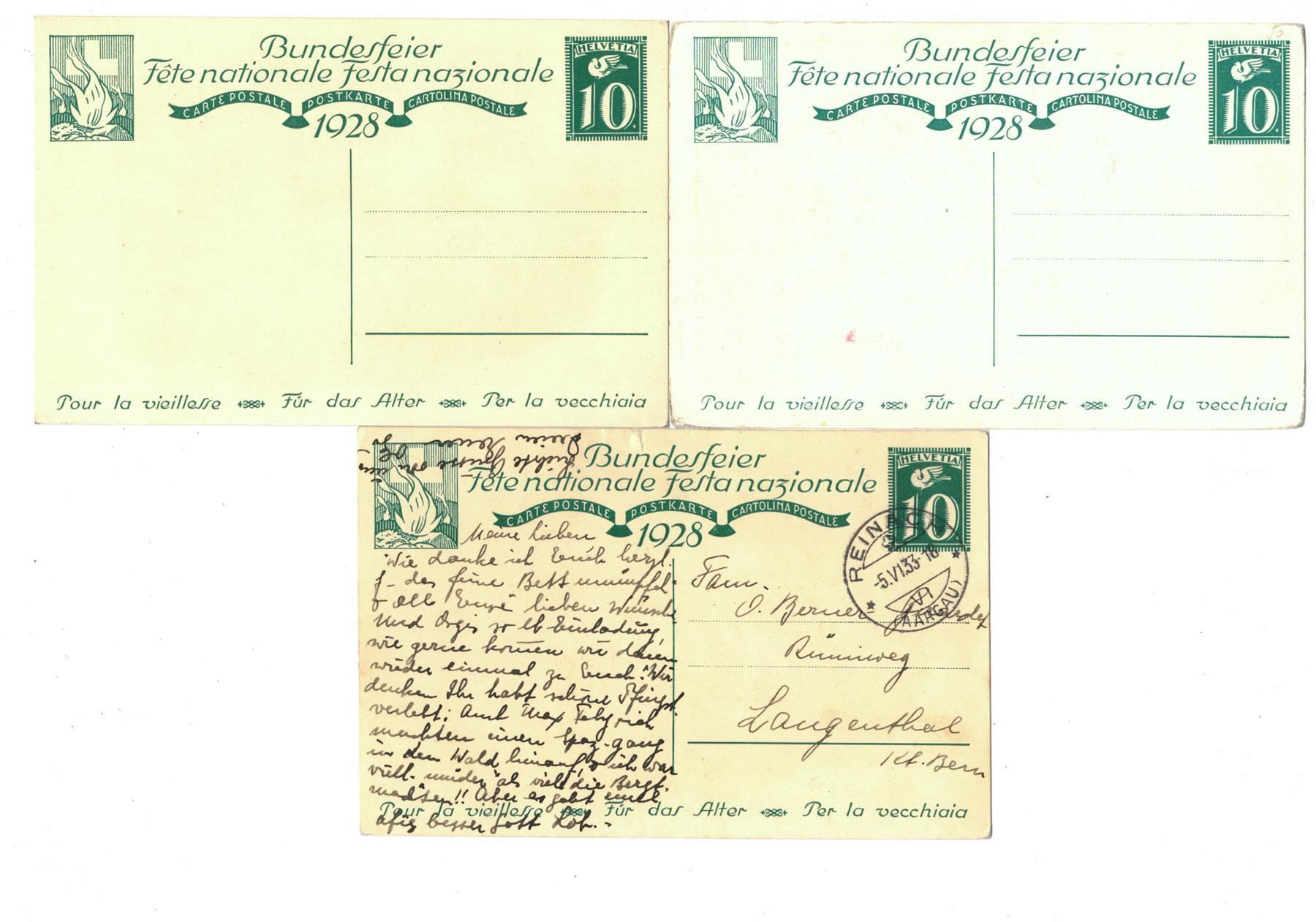 Alle Briefmarken: Ganzsache 3x Bundesfeier 1928 ** + o – Gebraucht aus Oberwil-Lieli von pizbeverin12 1