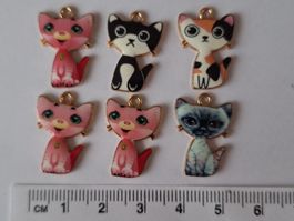 Katzen Anhänger, 6 Stück, für Schmuck basteln