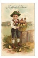 Fröhliche Ostern - Knabe - Nest - Huhn - Küken - Präge-Litho