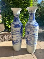 Tall Blue & White Vases Pair - Summer Decor