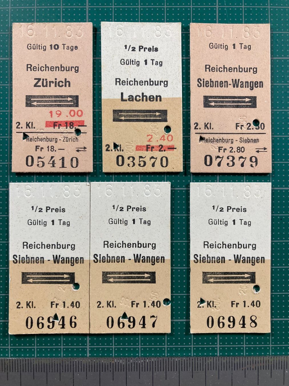 Biglietti: Reichenburg, 6 entwertete Edmondsonsche Bahn Billette, SBB – Usato da Lenzburg venduto da fh1