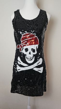 Robe courte noire à sequins motif crâne de pirate