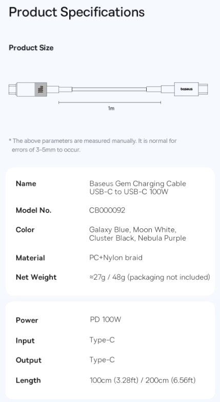Baseus Cavi: Baseus 100W USB-C Ladekabel Schnellladekabel Datenkabel 1m – Nuovo e nell'imballaggio originale da Romanshorn venduto da pfimex 9