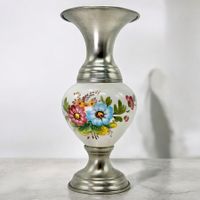 Vase vintage étain et céramique craquelée peinte à la main