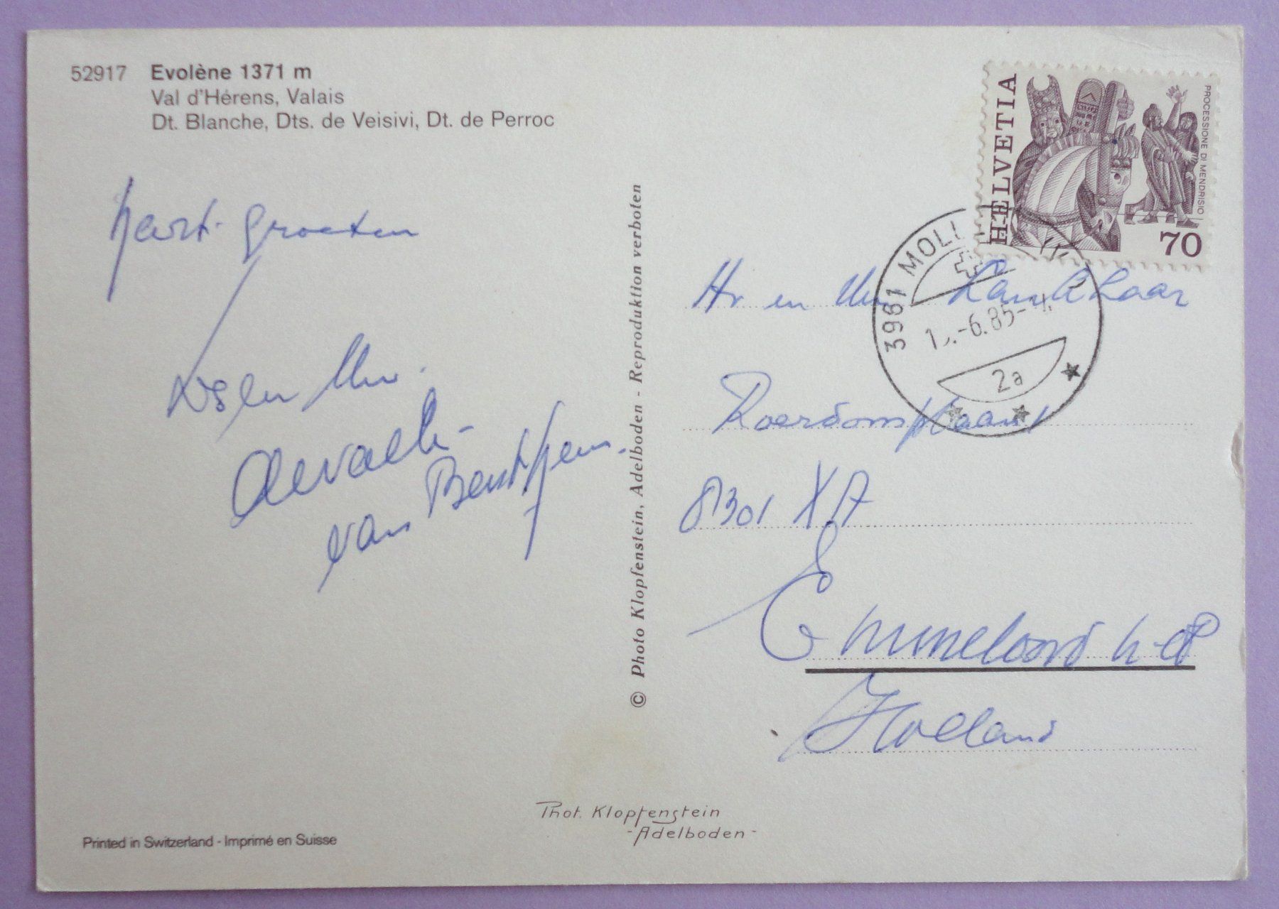 Cartoline postali: Evolène 1371 m, Val d' Hérens – Usato da Fétigny venduto da Billy2miny 1