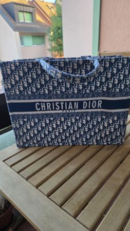 Sac cabas Christian Dior toile bleue motif oblique